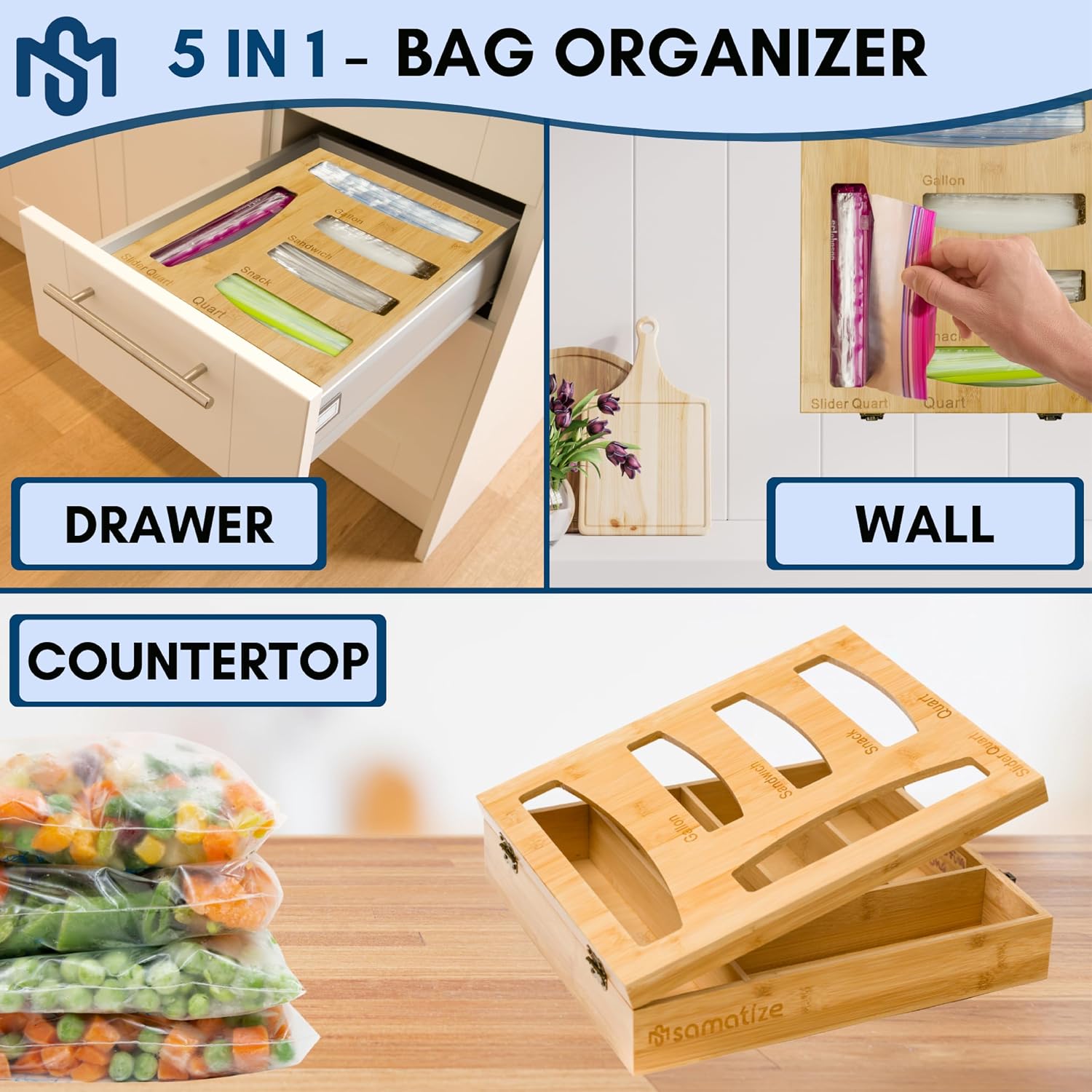 Bag Holder for Drawer or Wall, 5 Slots