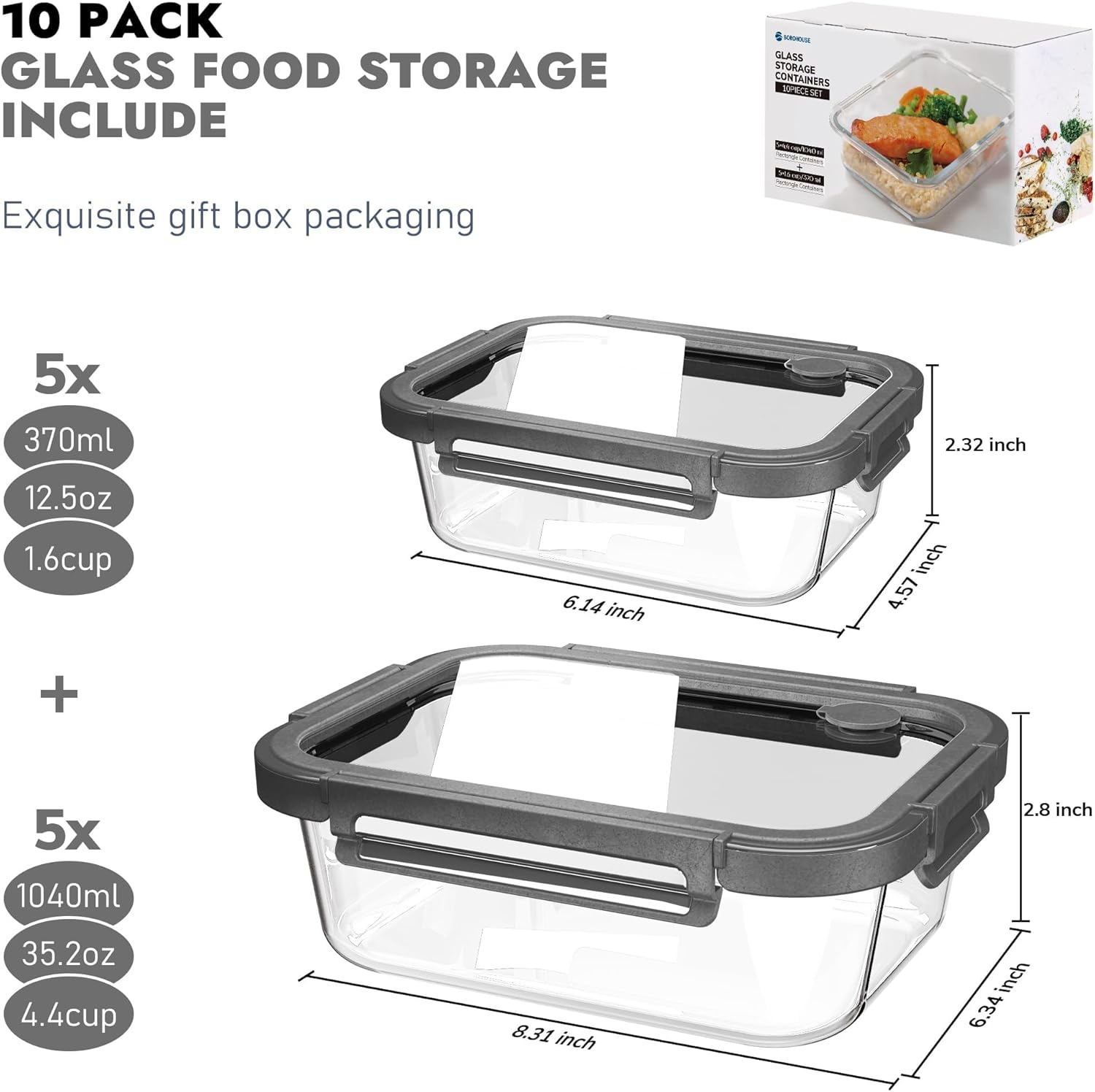 Borosilicate Glass Containers with Glass Lids, 10 Pack