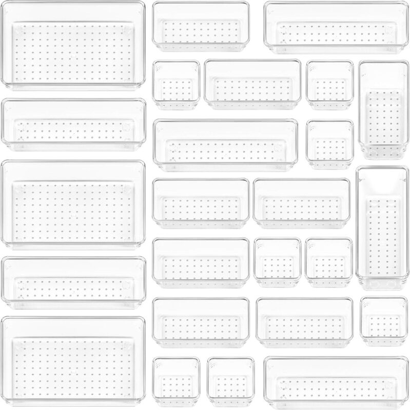 Clear Drawer Organisers, 25 Pieces, 4 Sizes