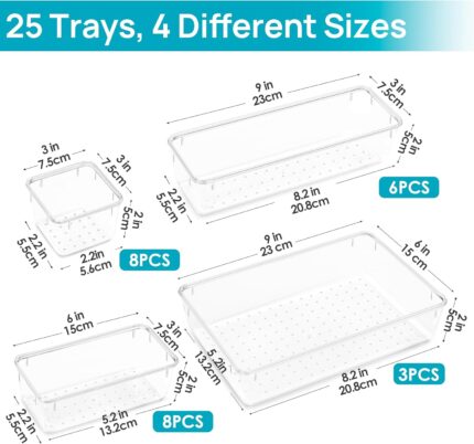 Clear Drawer Organisers, 25 Pieces, 4 Sizes