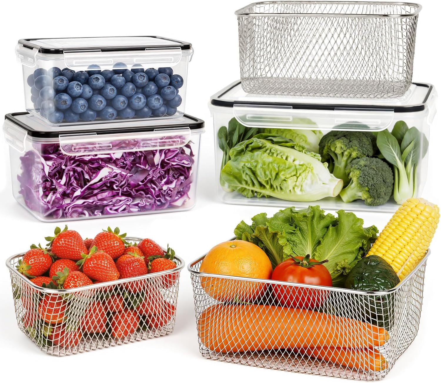 Fridge Produce Containers with Colander, 5 Pack