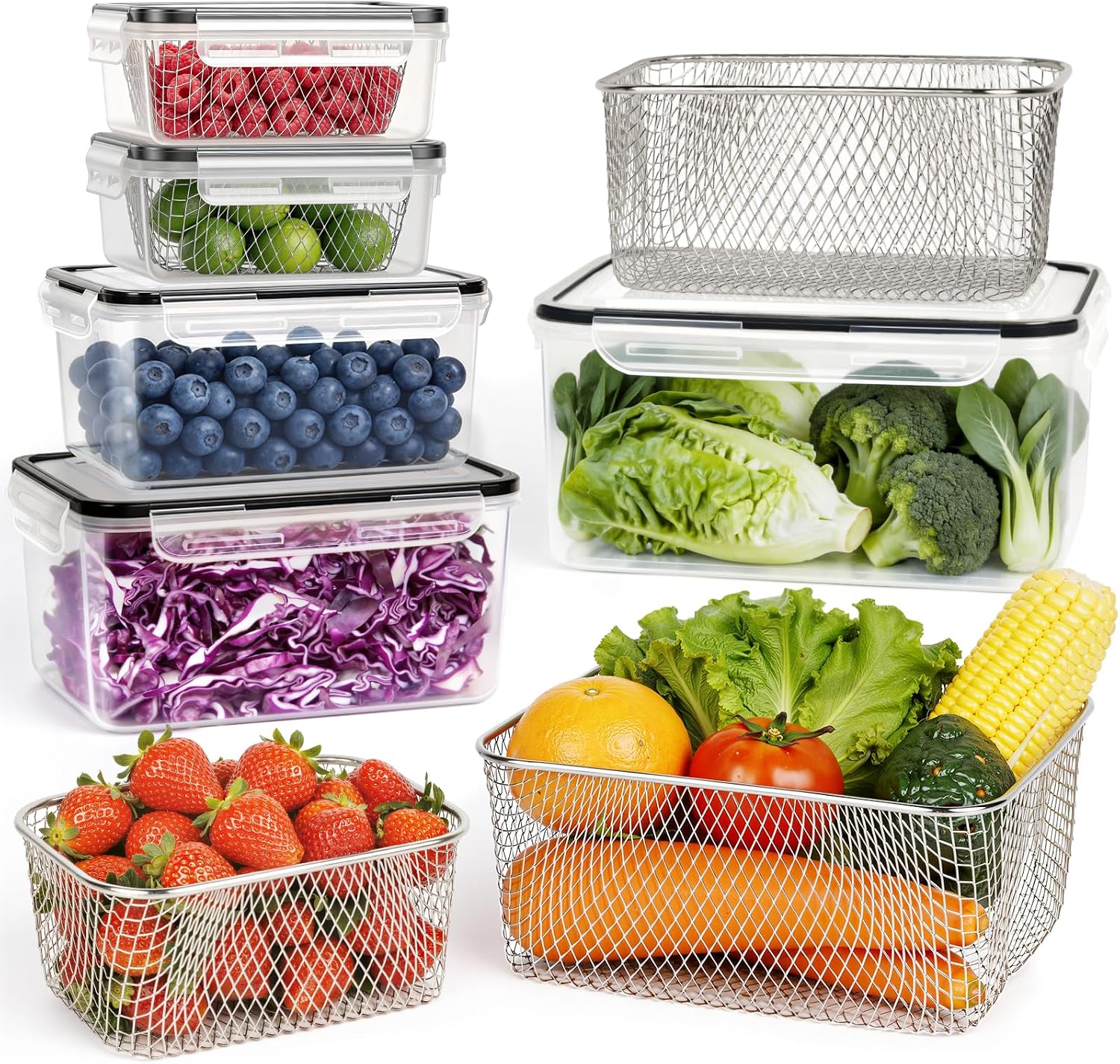 Fridge Produce Containers with Colander, 5 Pack
