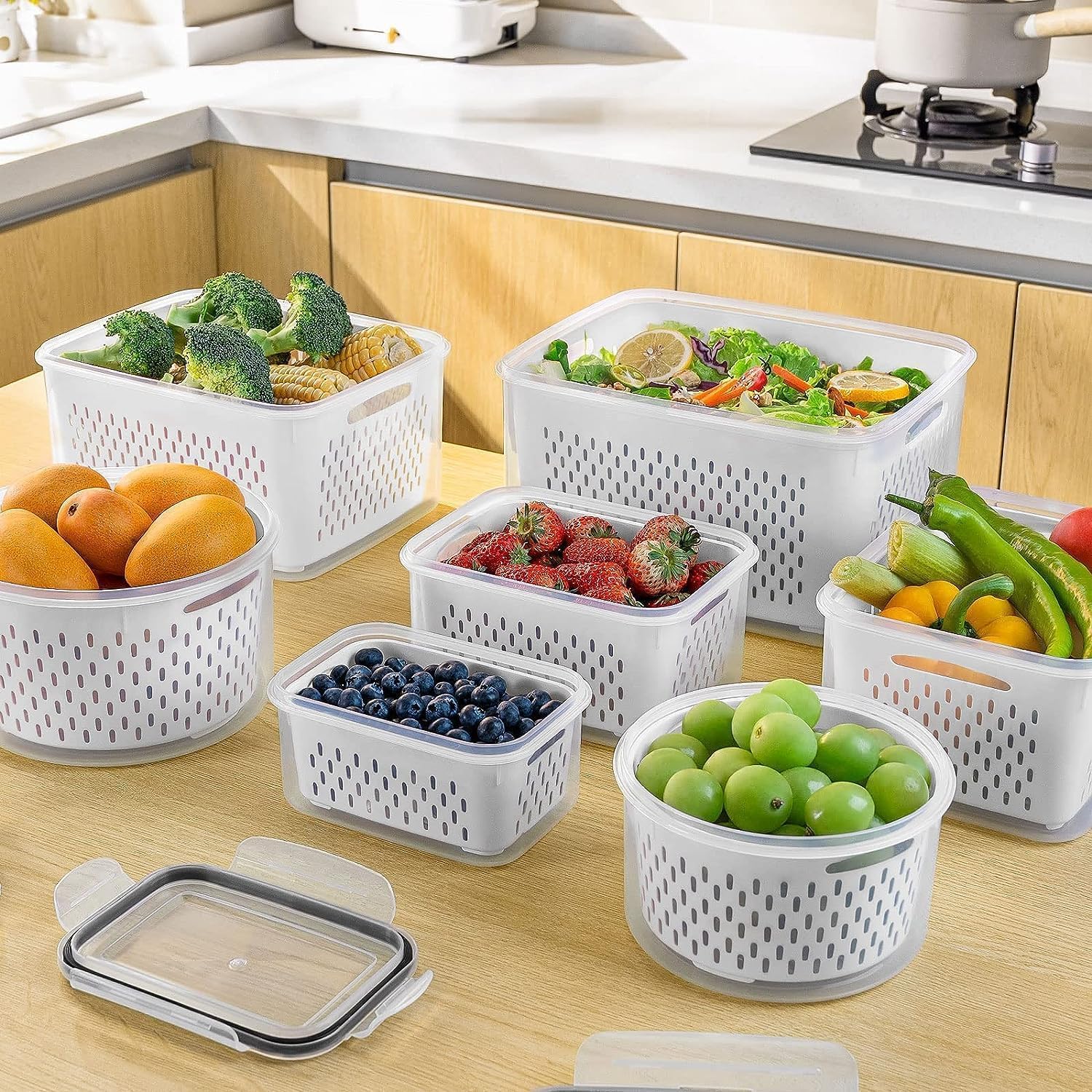 Fridge Produce Containers with Colander, 5 Pack