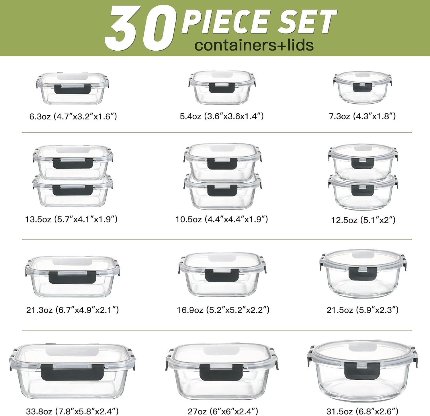Glass Food Storage Set, 30 Pieces