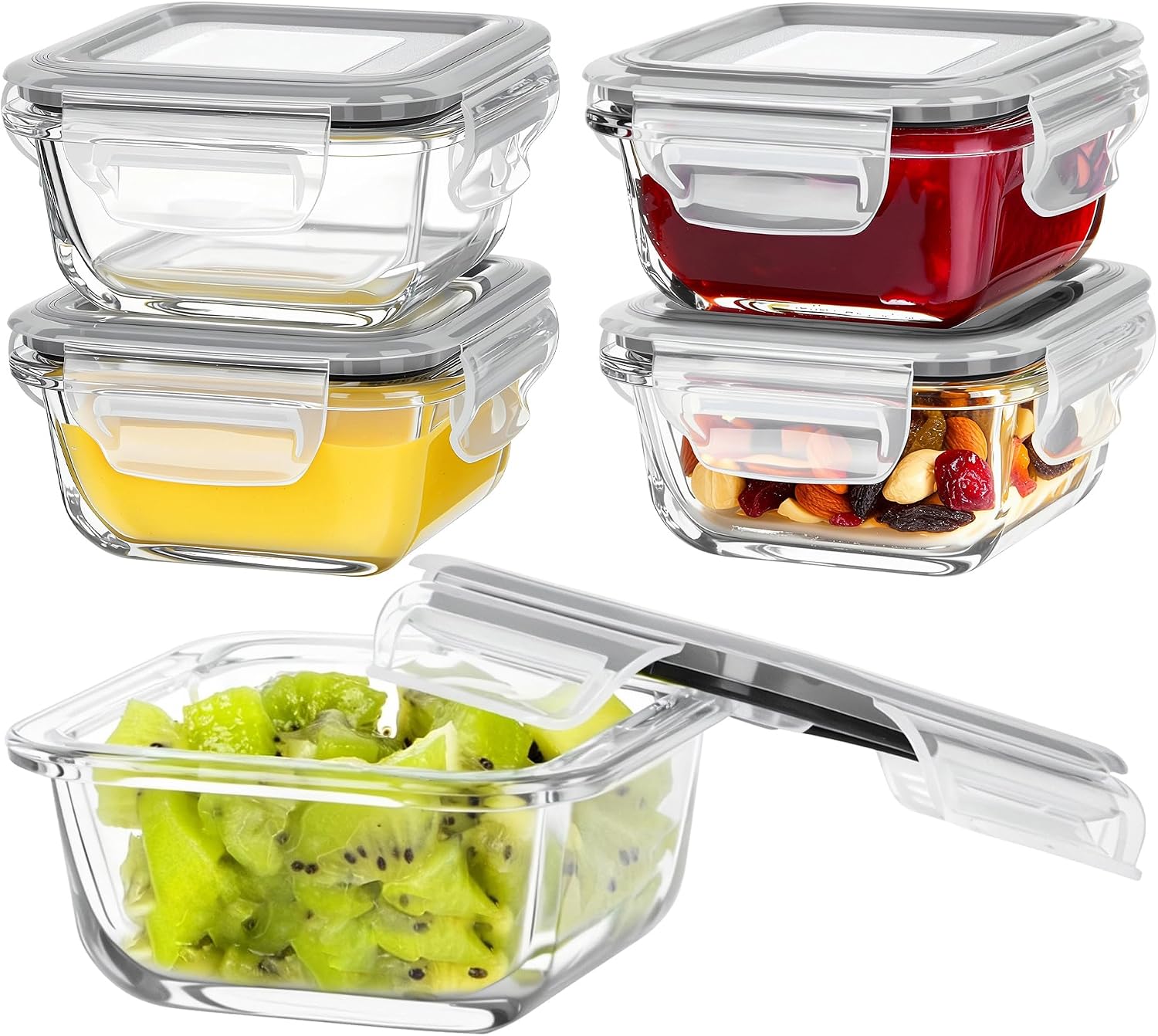 Glass Storage Containers, 22 oz, 5 Pack, Grey