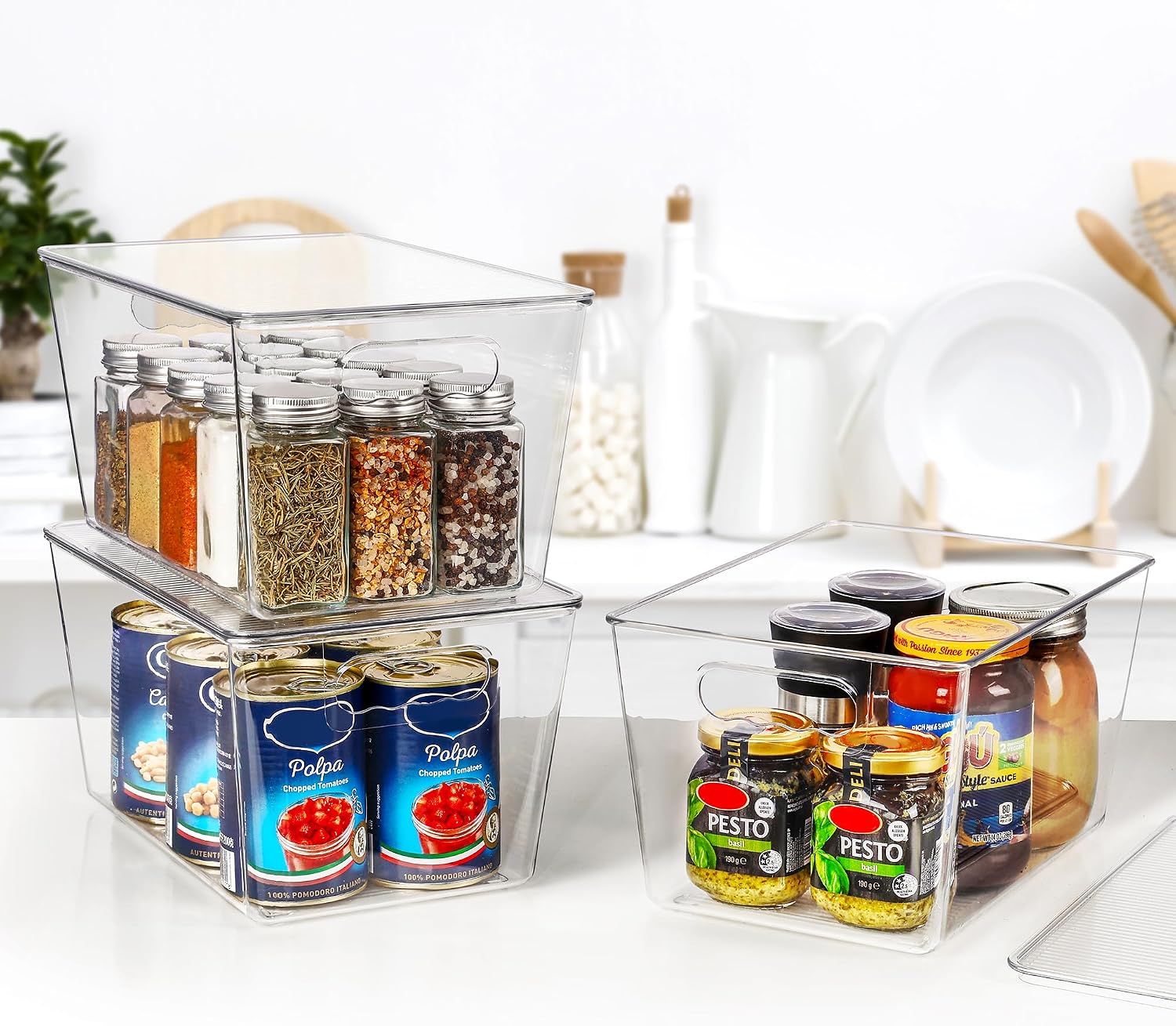 Stackable Clear Bins with Lids and Handles, 6 Pack