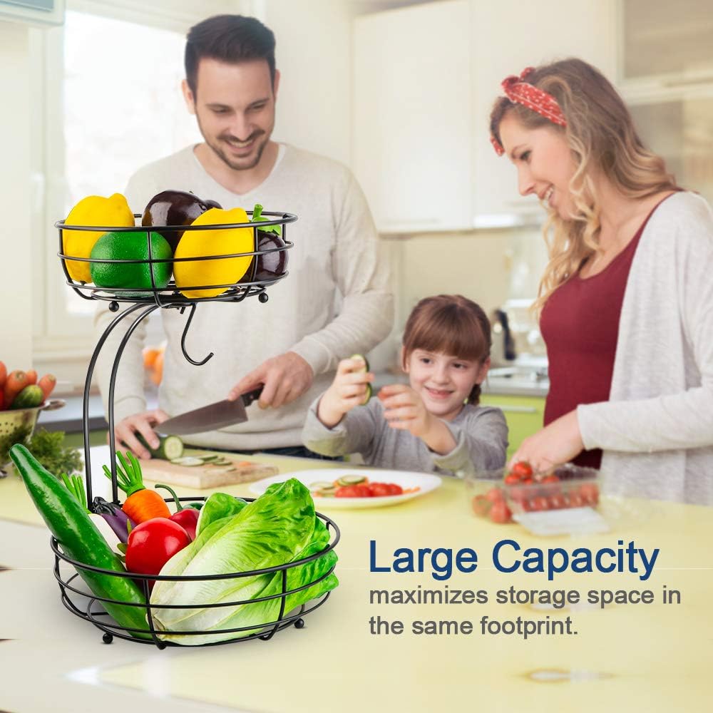 Two-Tier Fruit Basket with Banana Hook, Black