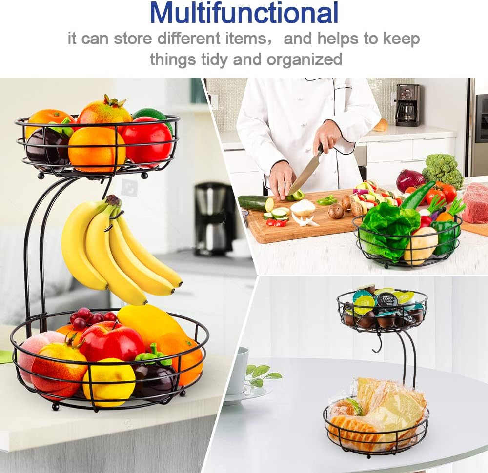 Two-Tier Fruit Basket with Banana Hook, Black